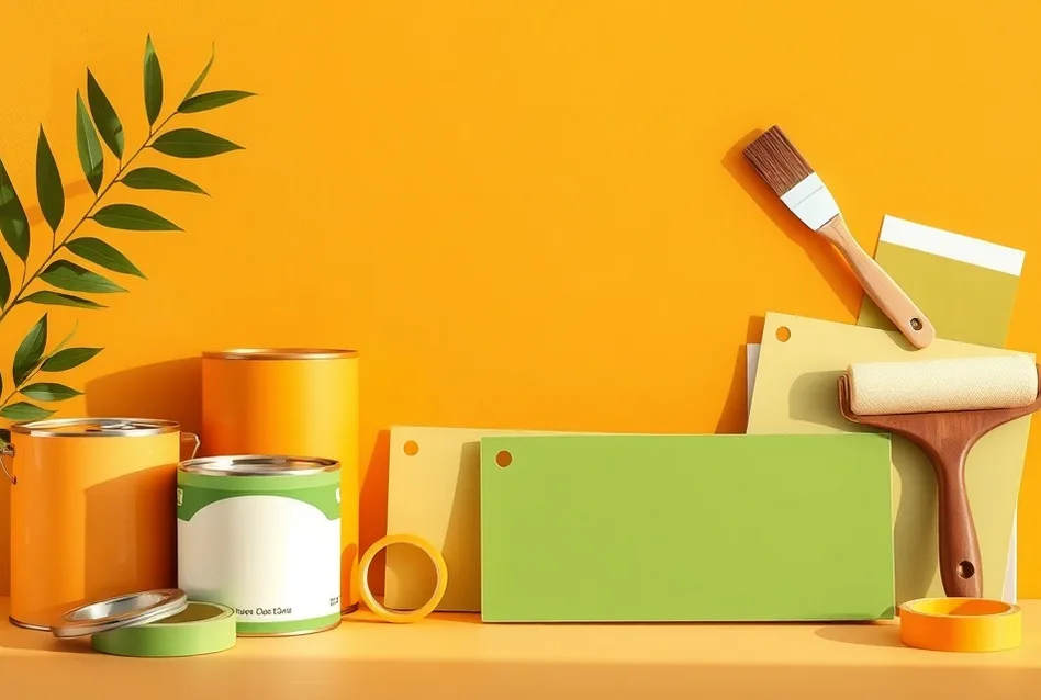Pots de peinture, nuancier, brosses et rouleaux disposés à plat