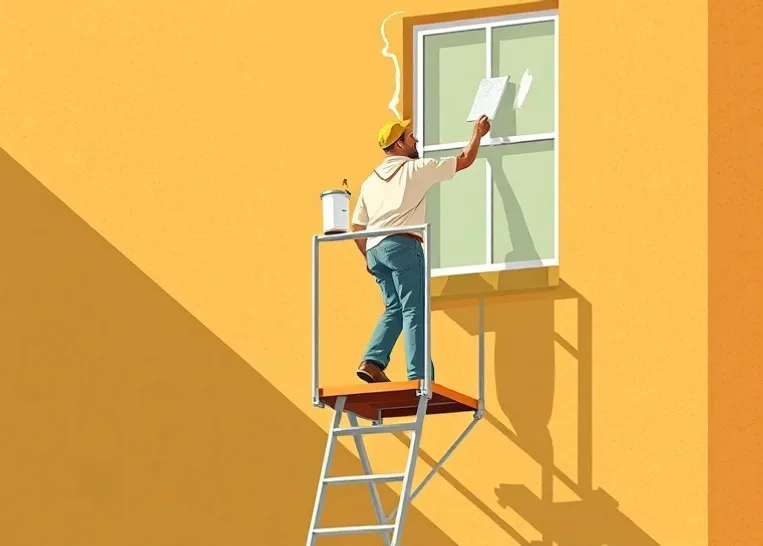 Peintre sur échafaudage traitant la façade d'une maison