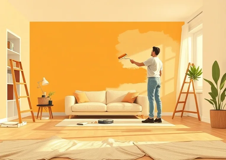 Peintre appliquant la peinture au rouleau sur un mur de salon